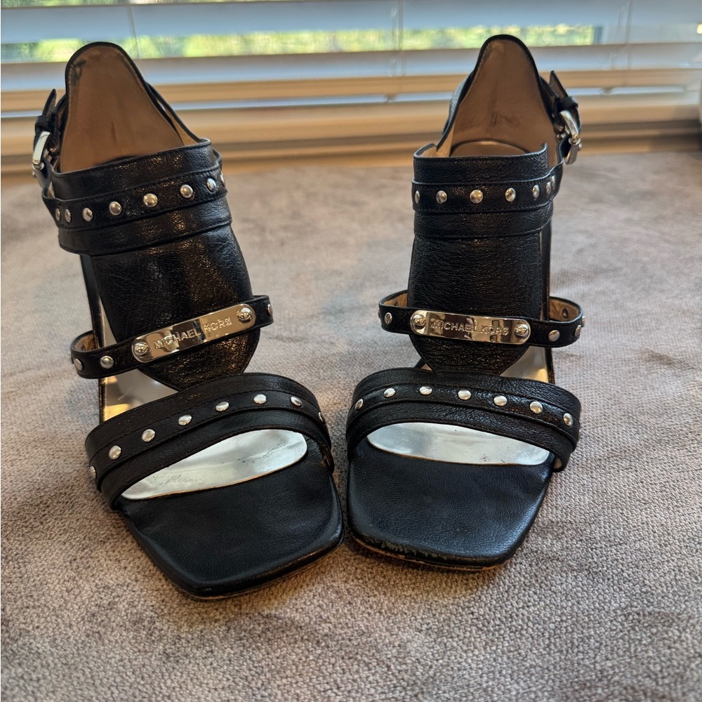 Michael Michael Kors Black Leather Heels with Silver Stud Accents